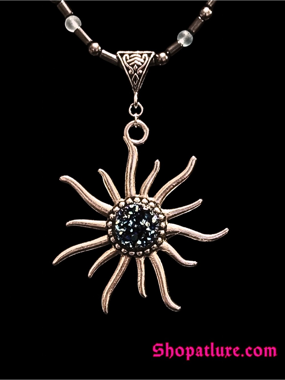 Solstice Sun With Druzy, Hematite and Frosted Glass Beaded Chain